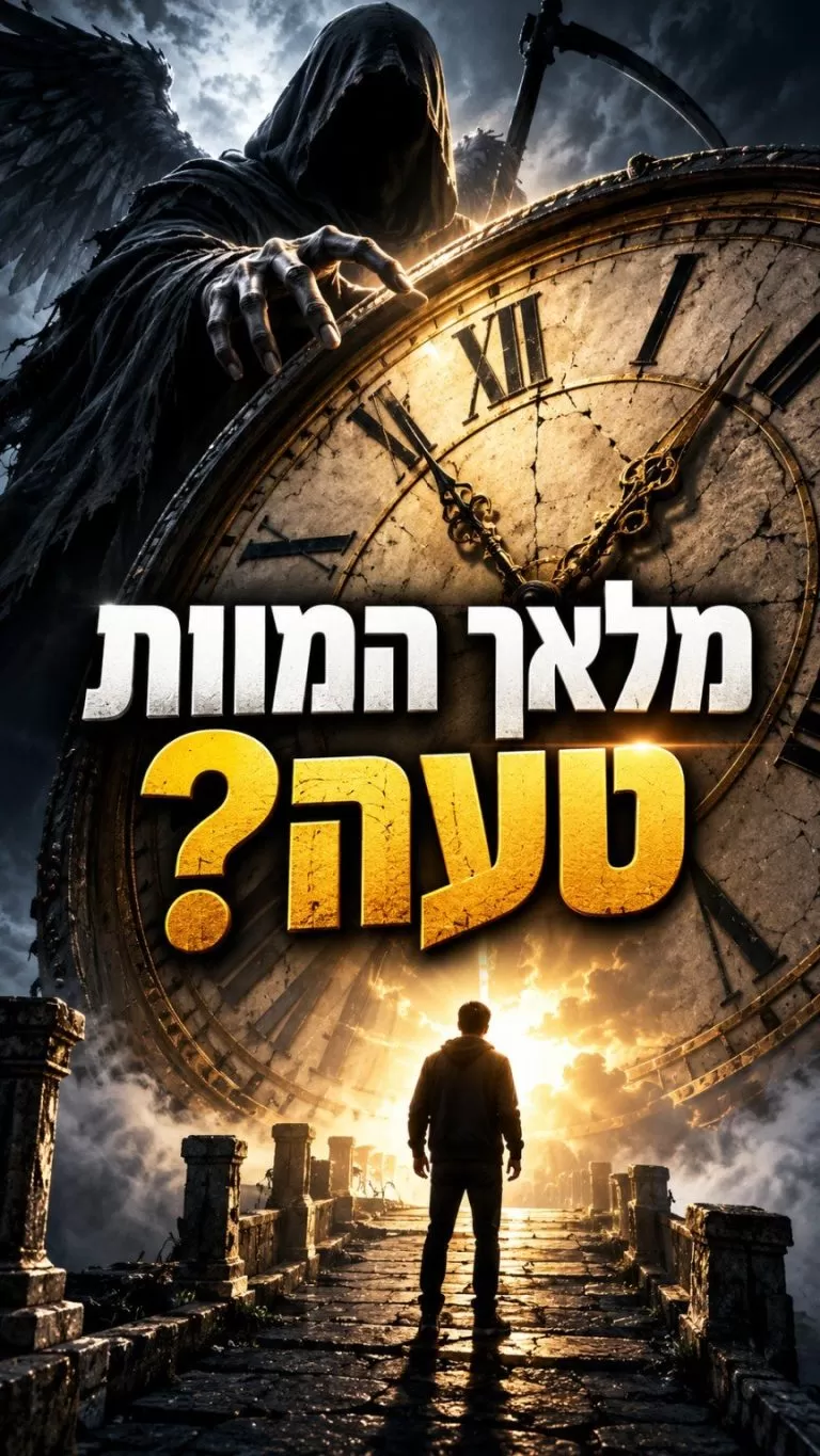איור מלאך המוות ושעון גדול עם הכיתוב מלאך המוות טעה?