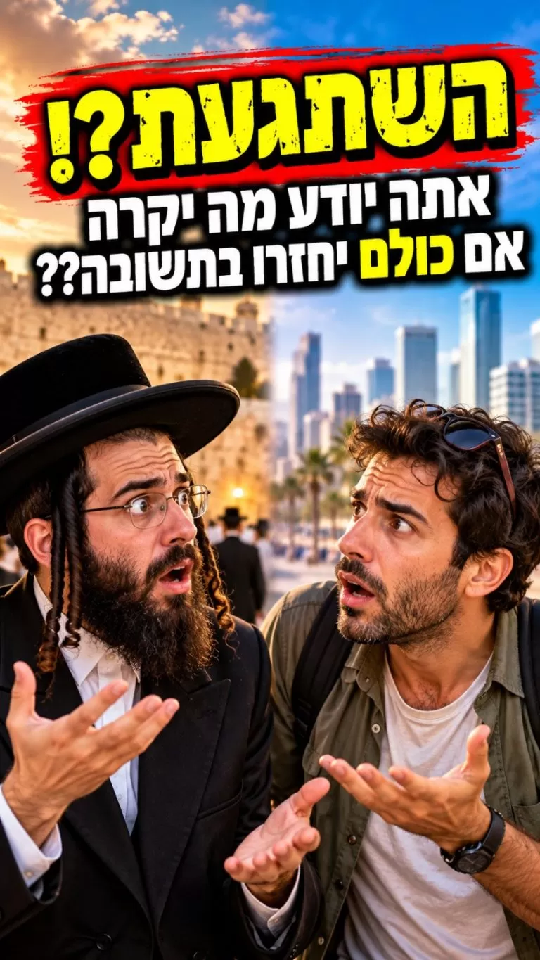 חרדי וגבר חילוני מופתעים עם הכותרת: השתגעת? אתה יודע מה יקרה אם כולם יחזרו בתשובה?